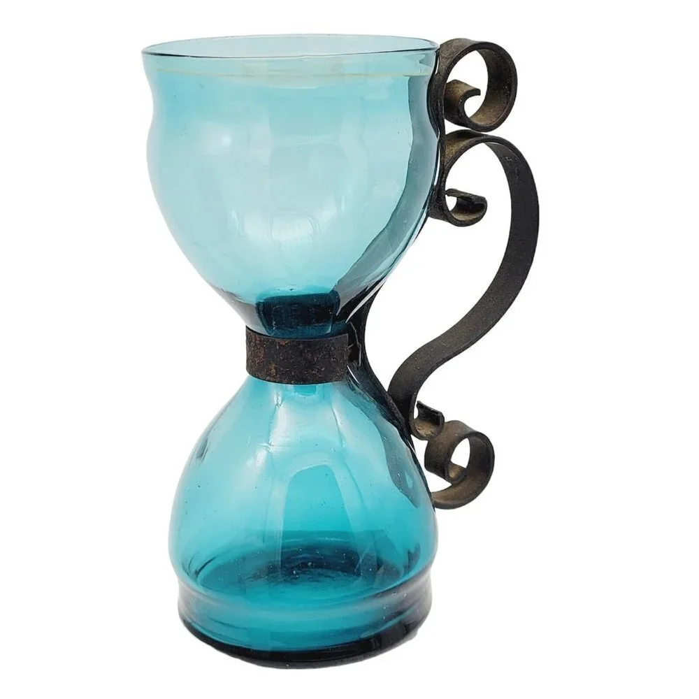 Vintage Aqua Blue Hourglass Shape Taper Candle Holder Wrought Iron Handle
